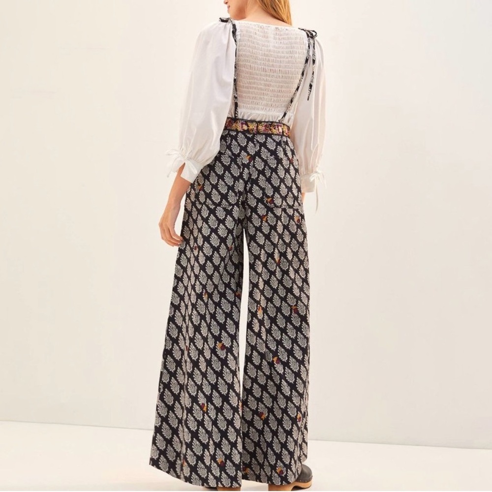 Anthropologie Embroidered Wide-Leg Jumpsuit in Black Floral Motif Overall Sz 4 - Picture 2 of 6